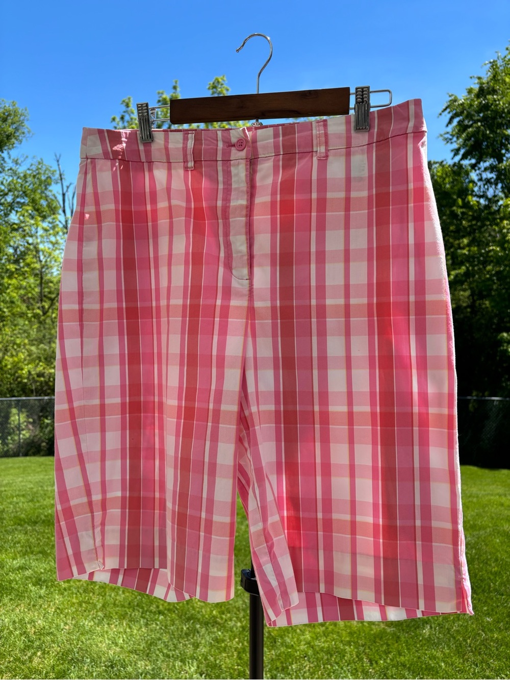 Anne Klein Sport Pink Coral Plaid Bermuda Shorts 14 Golf Preppy Old Money Resort